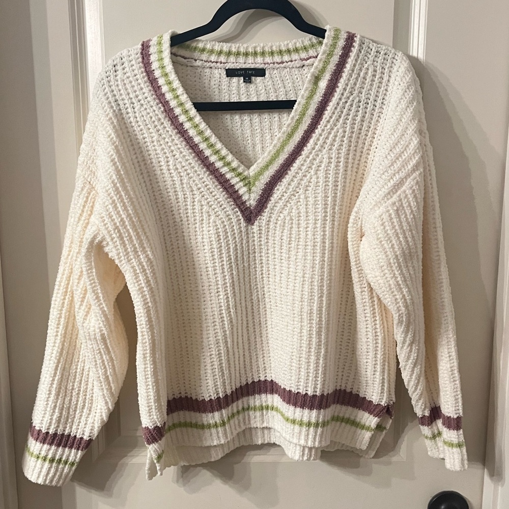 Love Tree Cream Sweater with Green and Purple Accents